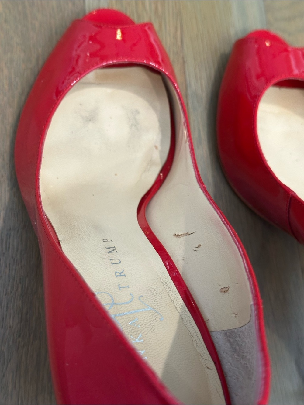 Red Patent Leather Open-Toe Pumps, glossy shine, size 9 - Picture 9 of 12